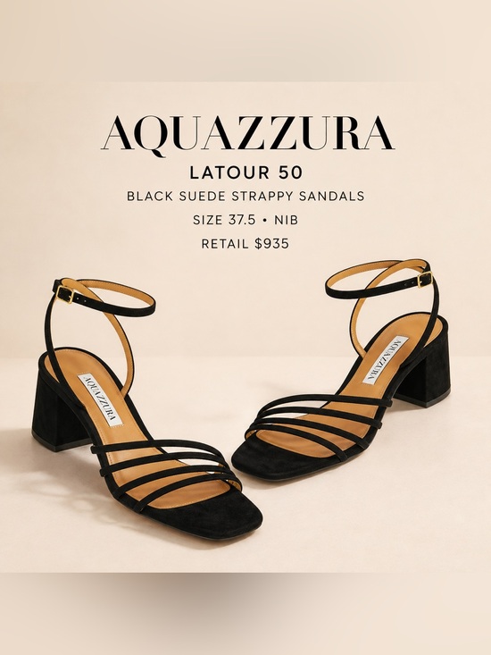 Aquazzura Shoes - Aquazzura Latour 50 Black
Suede Strappy Block Heel Sandals
- Size 37.5 NIB